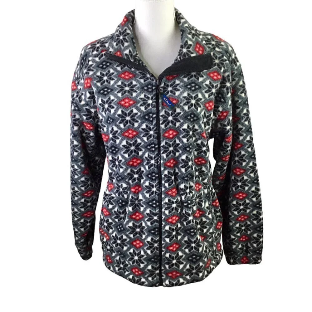 L.L. Bean Fleece Jacket Coat Full Zip Snowflake Adj Waist Pockets Black Red